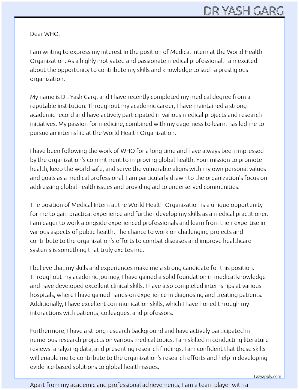 Medical internship  At World health organization  Cover Letter