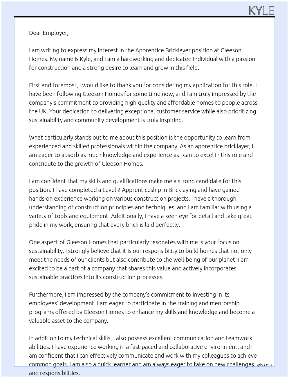 Apprentice bricklayer At Gleeson homes  Cover Letter