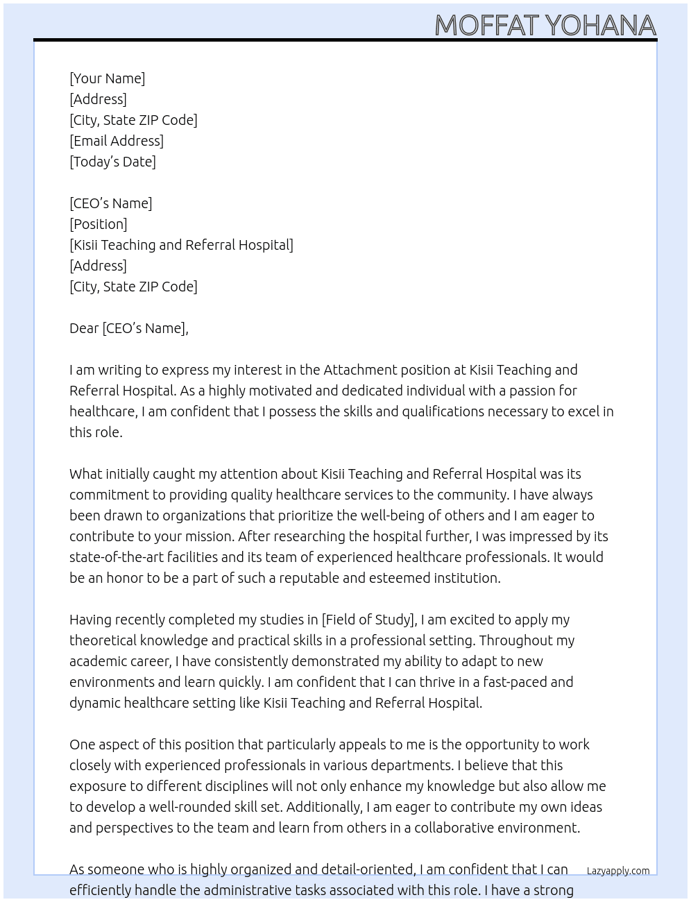 Attachment  At Kisii teaching and referral hospital  Cover Letter