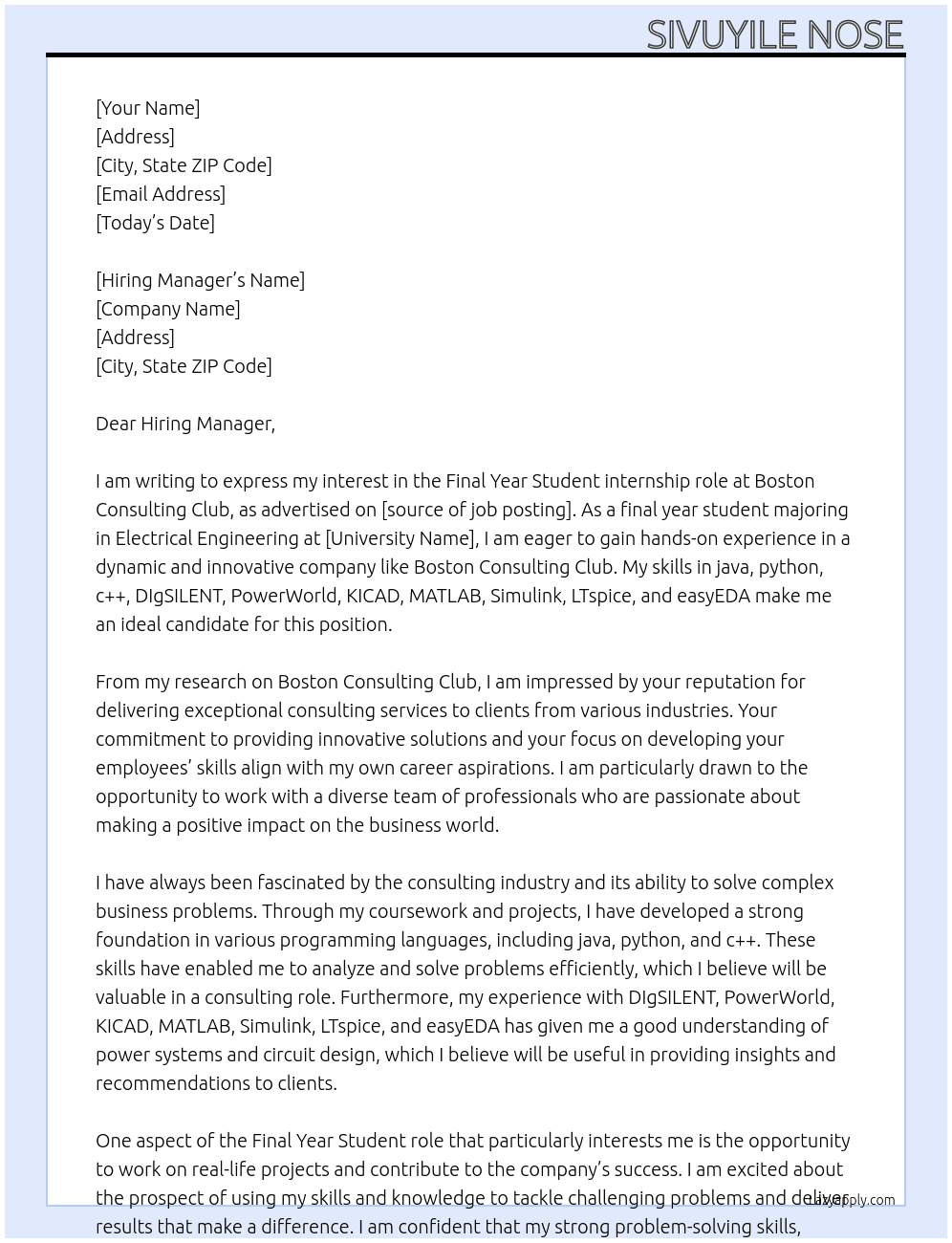 Final Year Student At Boston Consulting Club Cover Letter