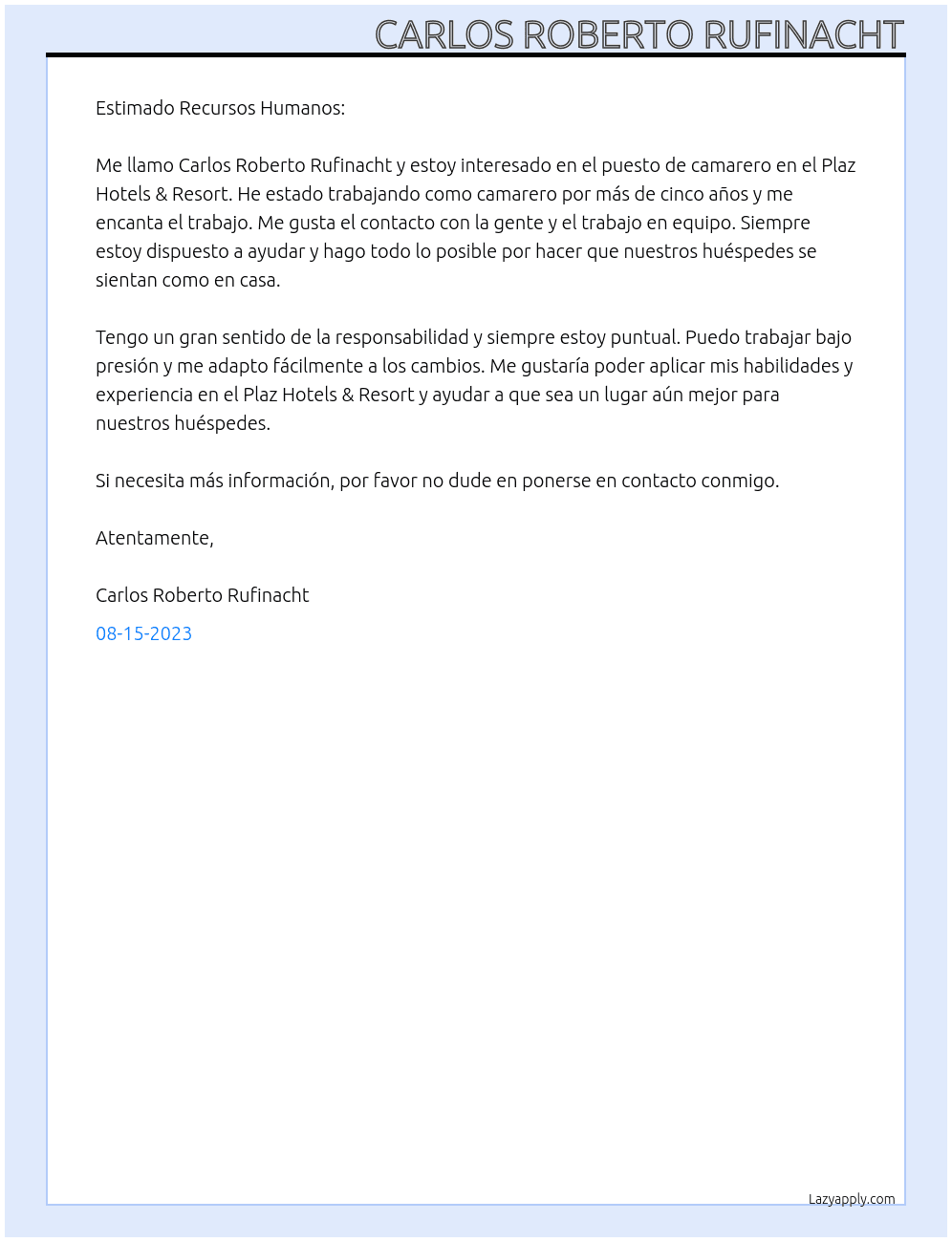 CAMARERO At PLAZ HOTELS & RESORT Cover Letter