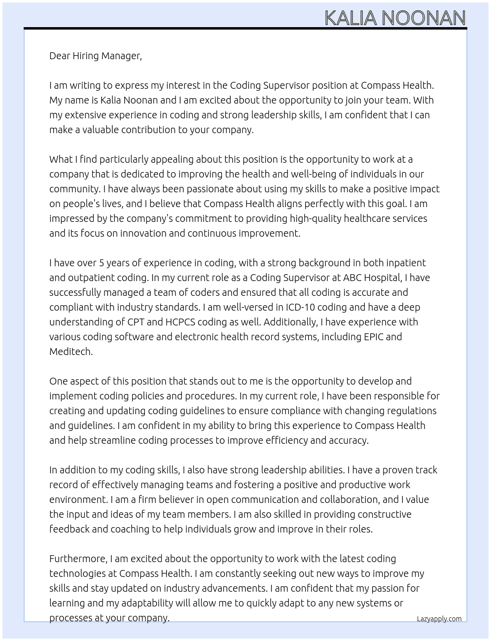Coding Supervisor At Compass Health Cover Letter