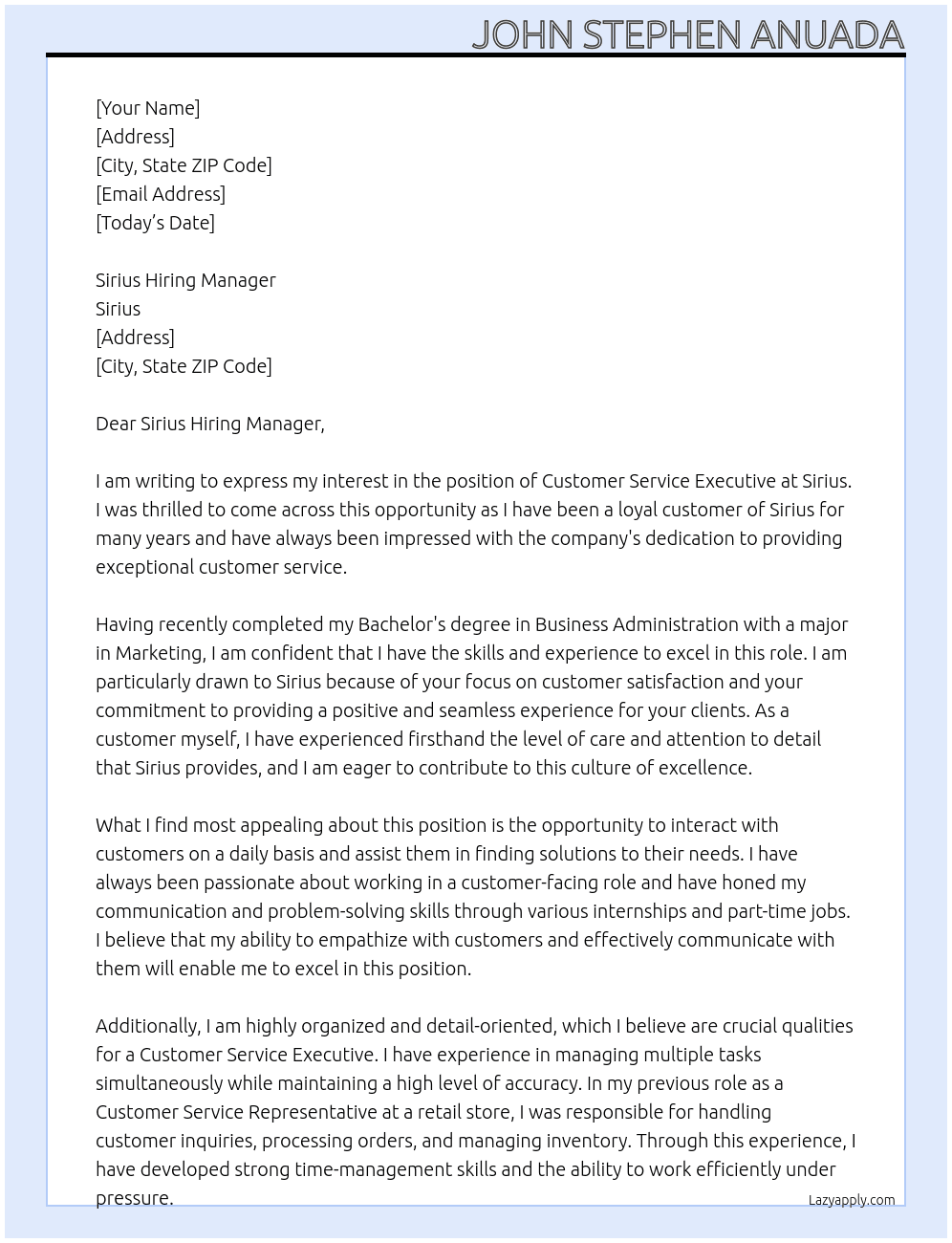Customer Service Executive At Sirius Cover Letter