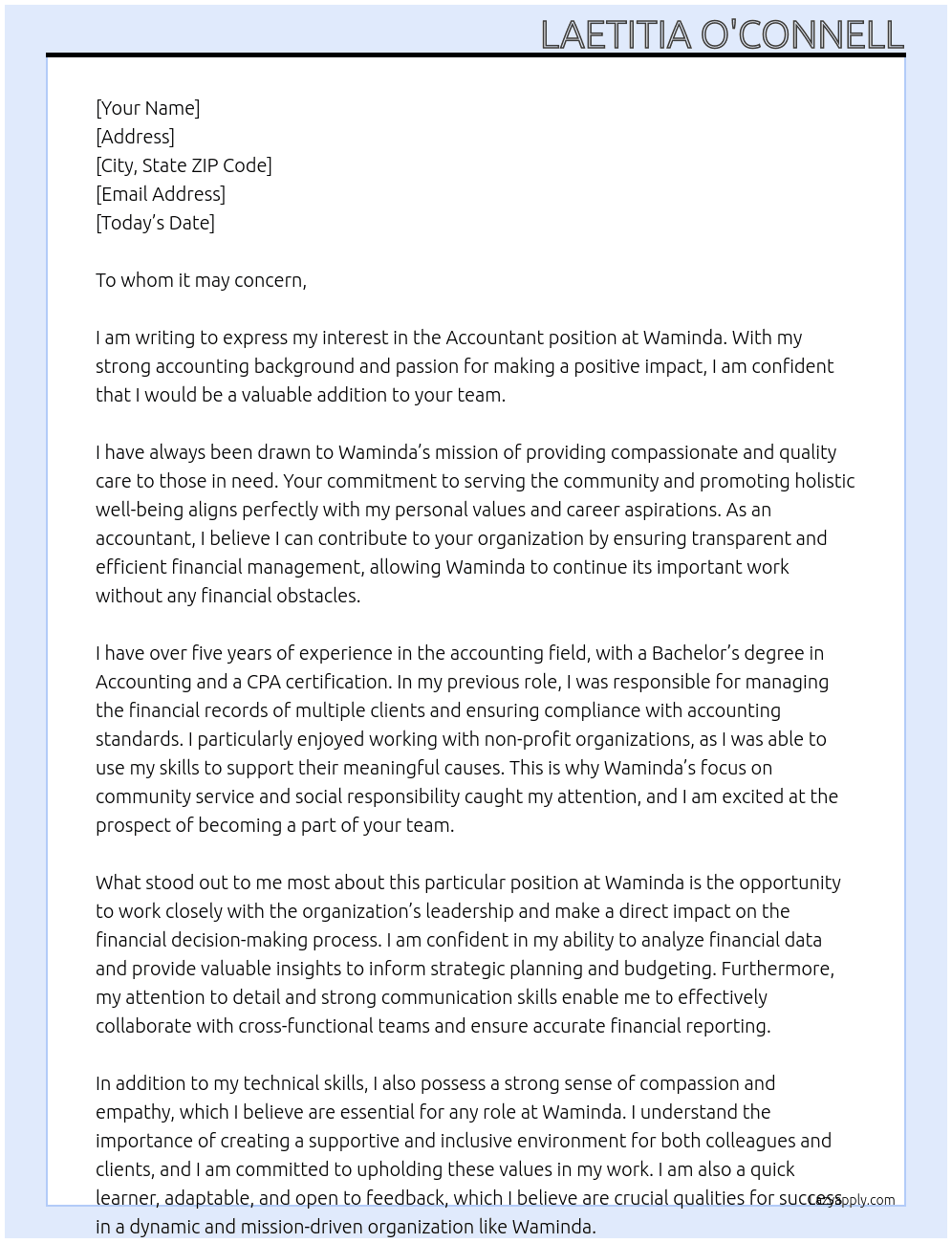 Accountant At Waminda Cover Letter