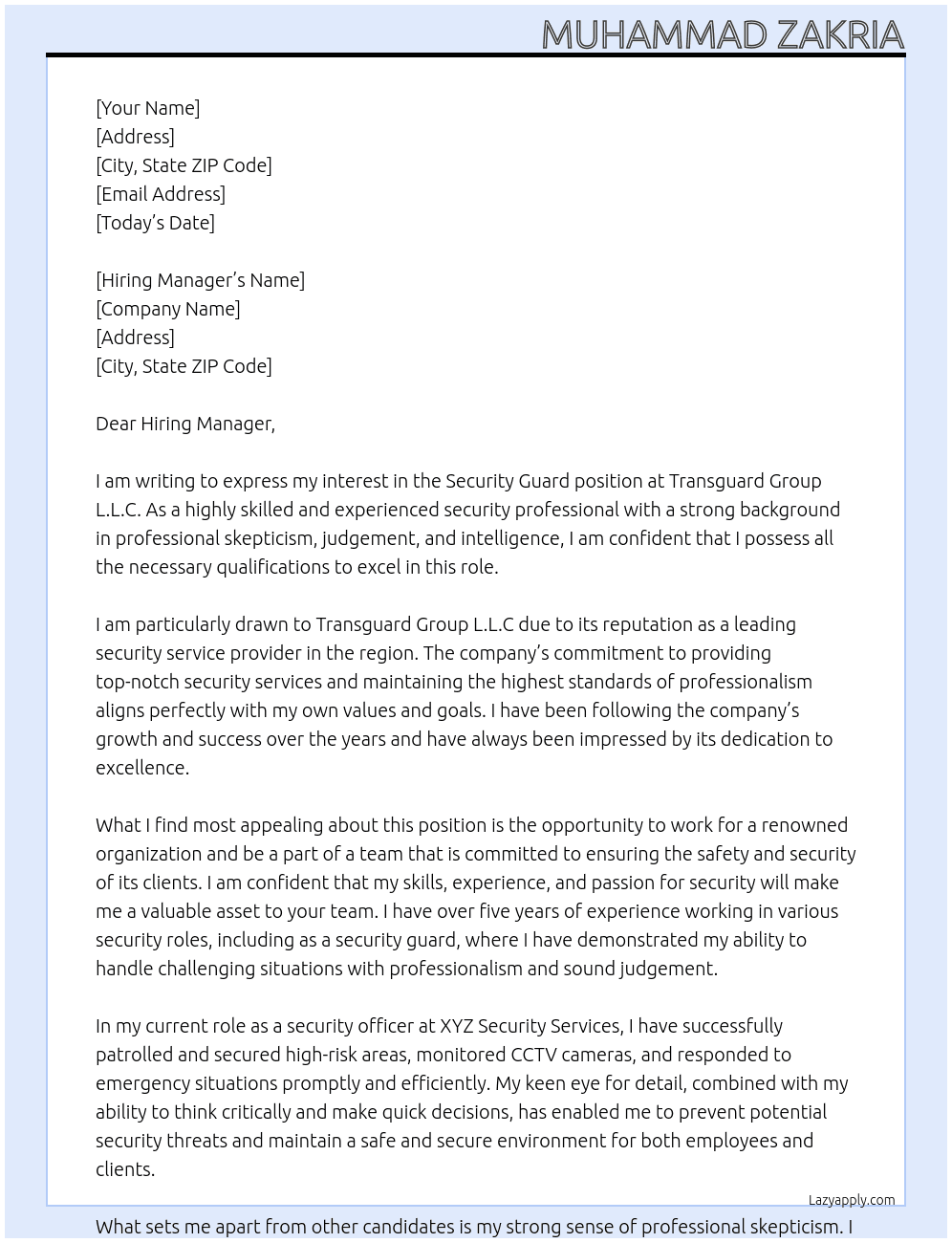 Security Guard At Transguard Group L.L.C Cover Letter