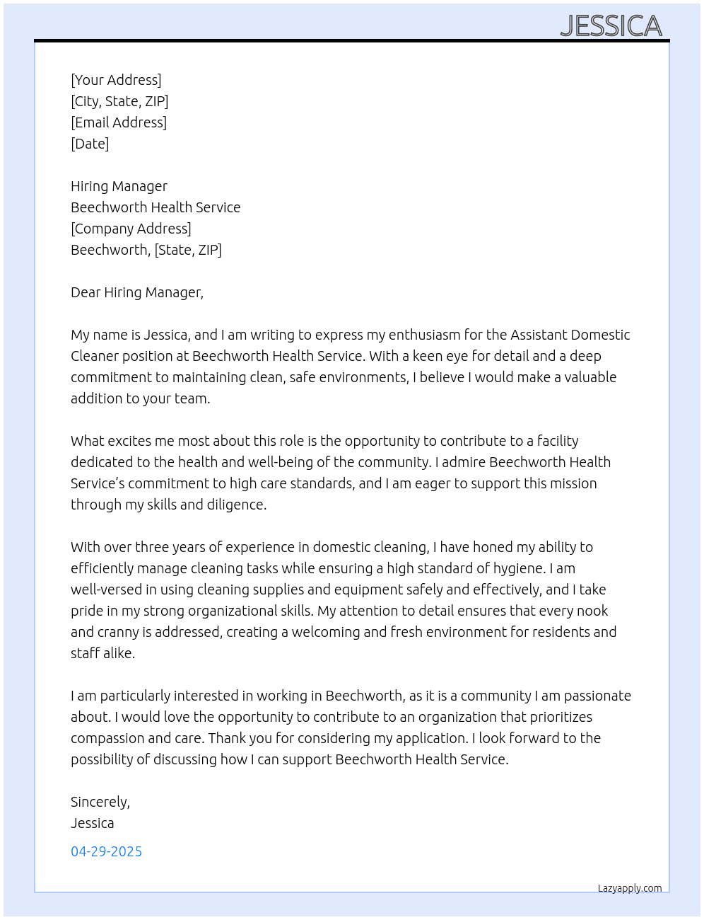 Assistant Domestic Cleaner At Beechworth Health Service Cover Letter