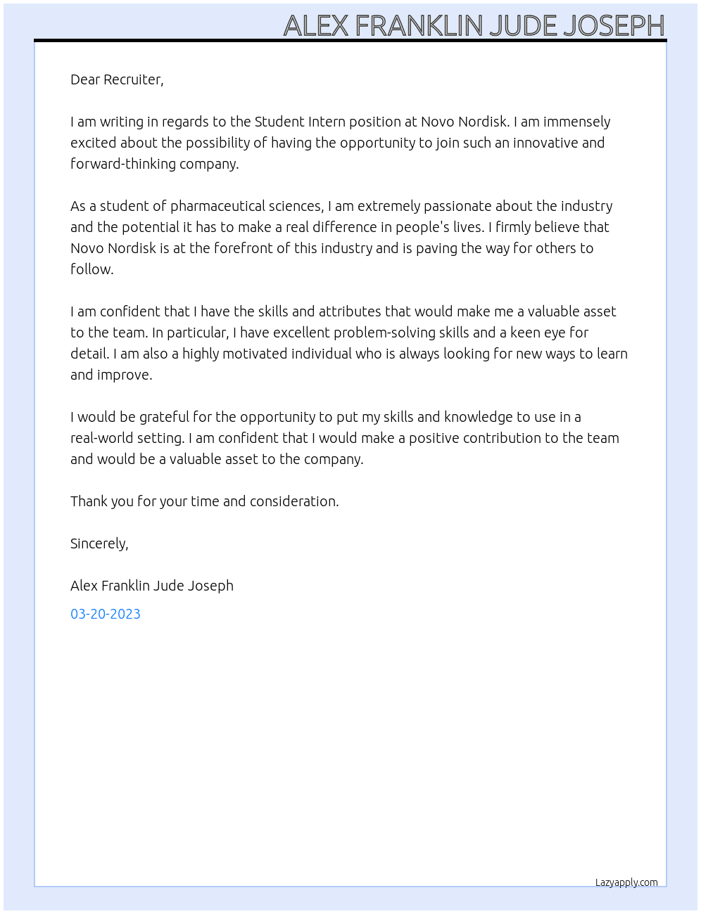 Student Intern At Novo Nordisk Cover Letter