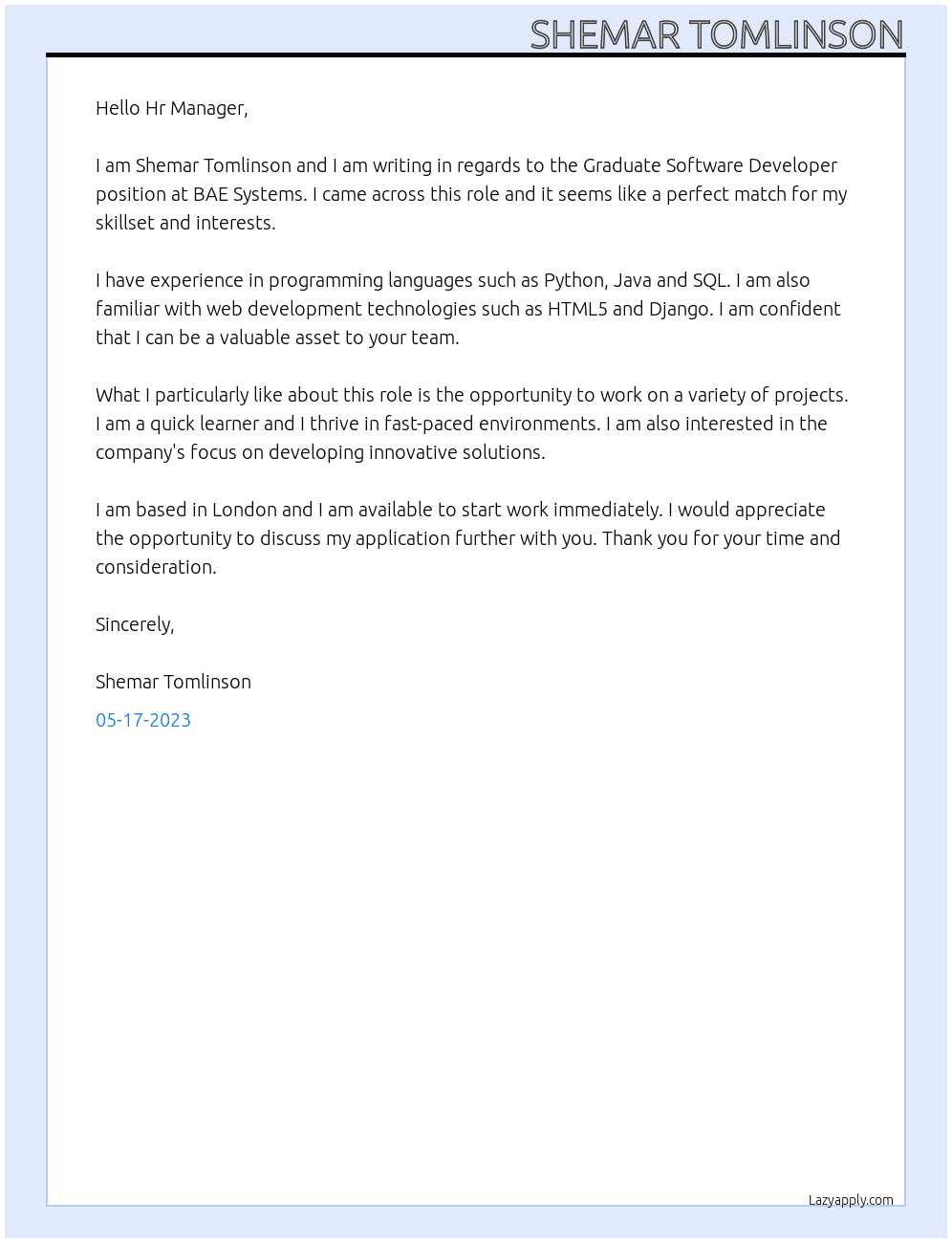 Graduate Software Developer At BAE Systems Cover Letter