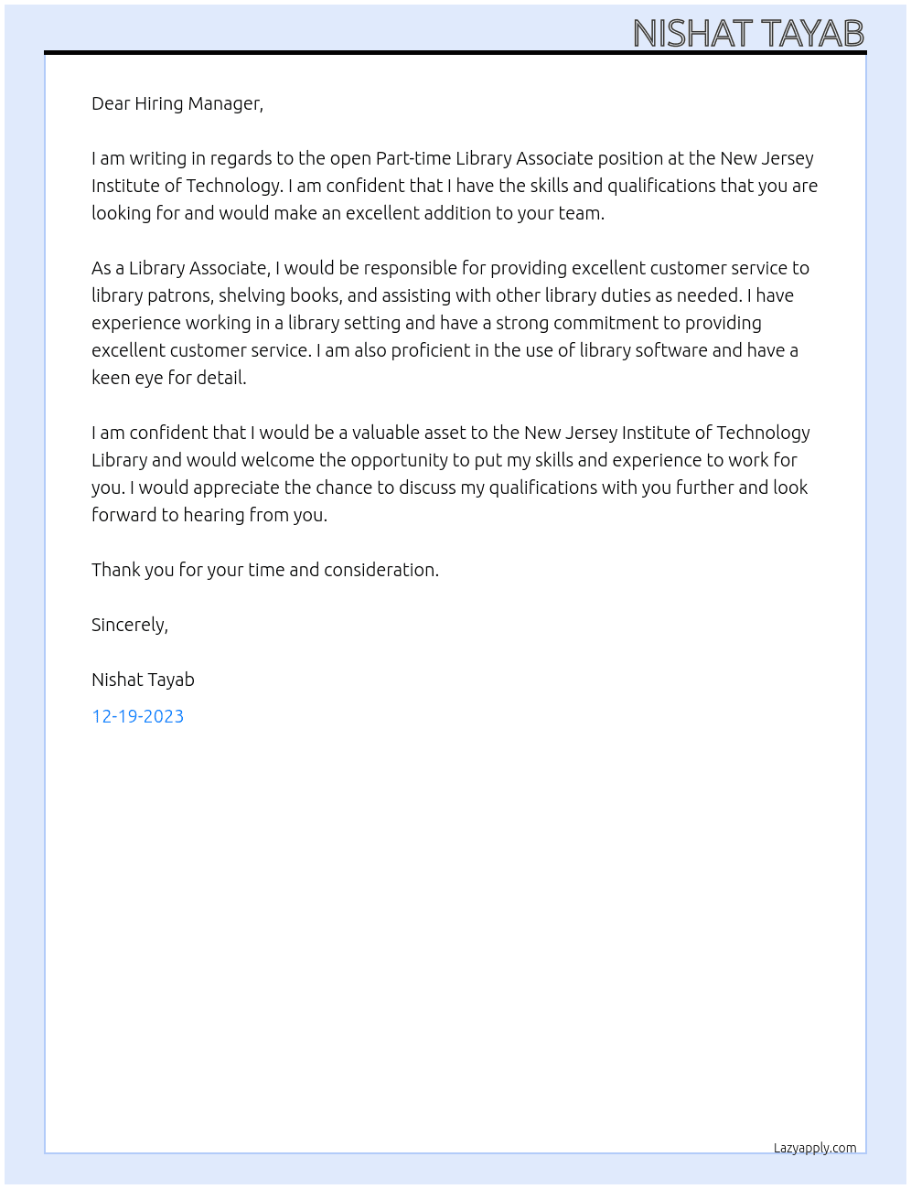 Part-time Library Associate At New Jersey Institute of Technology Cover Letter