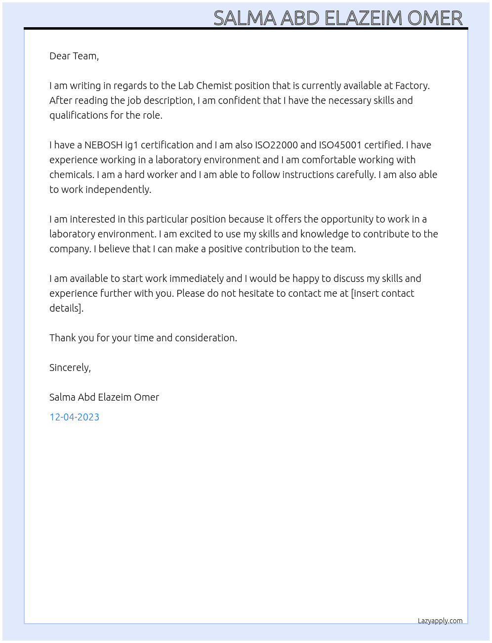 Lab chemist  At Factory  Cover Letter