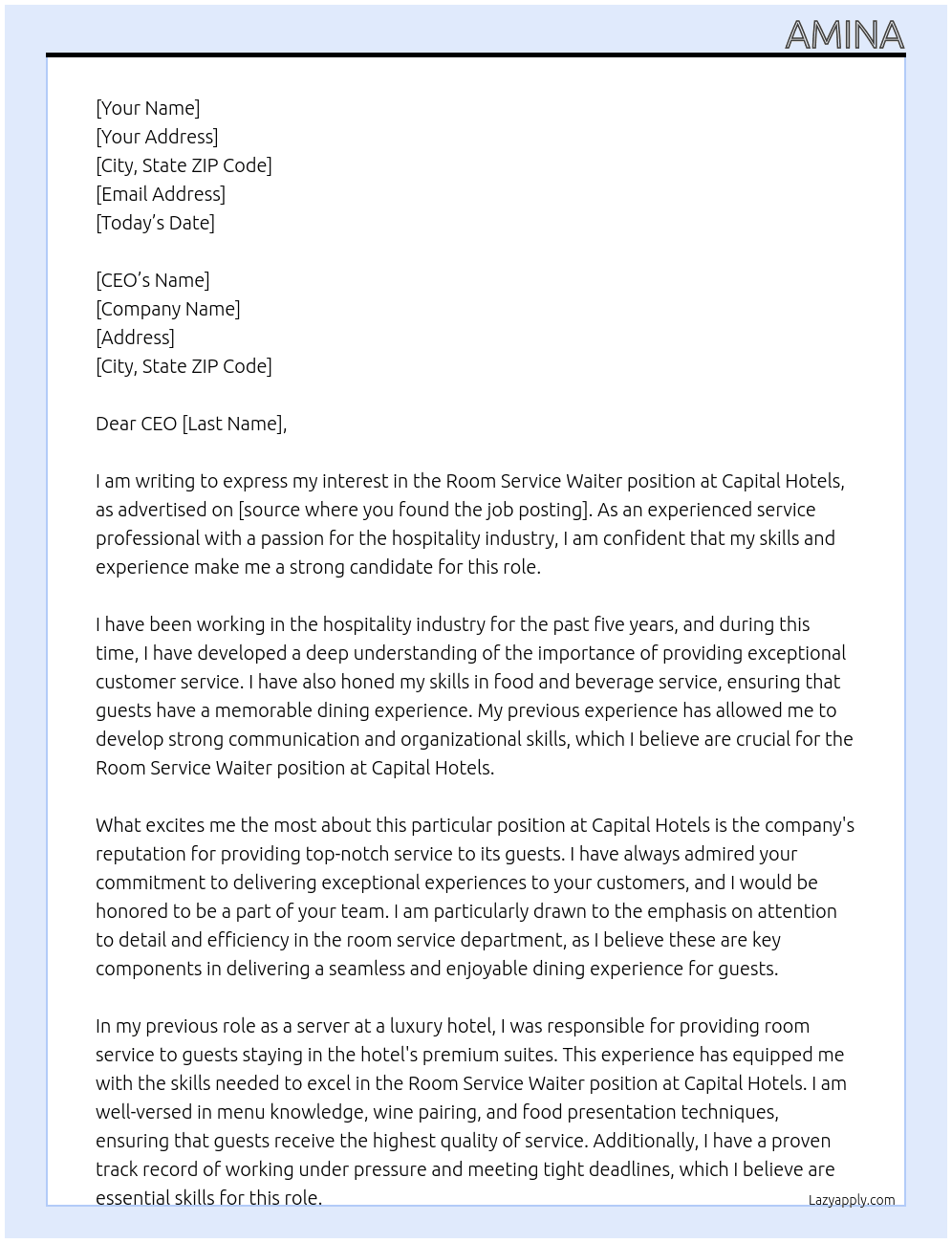 Room service waiter  At Capital hotels  Cover Letter