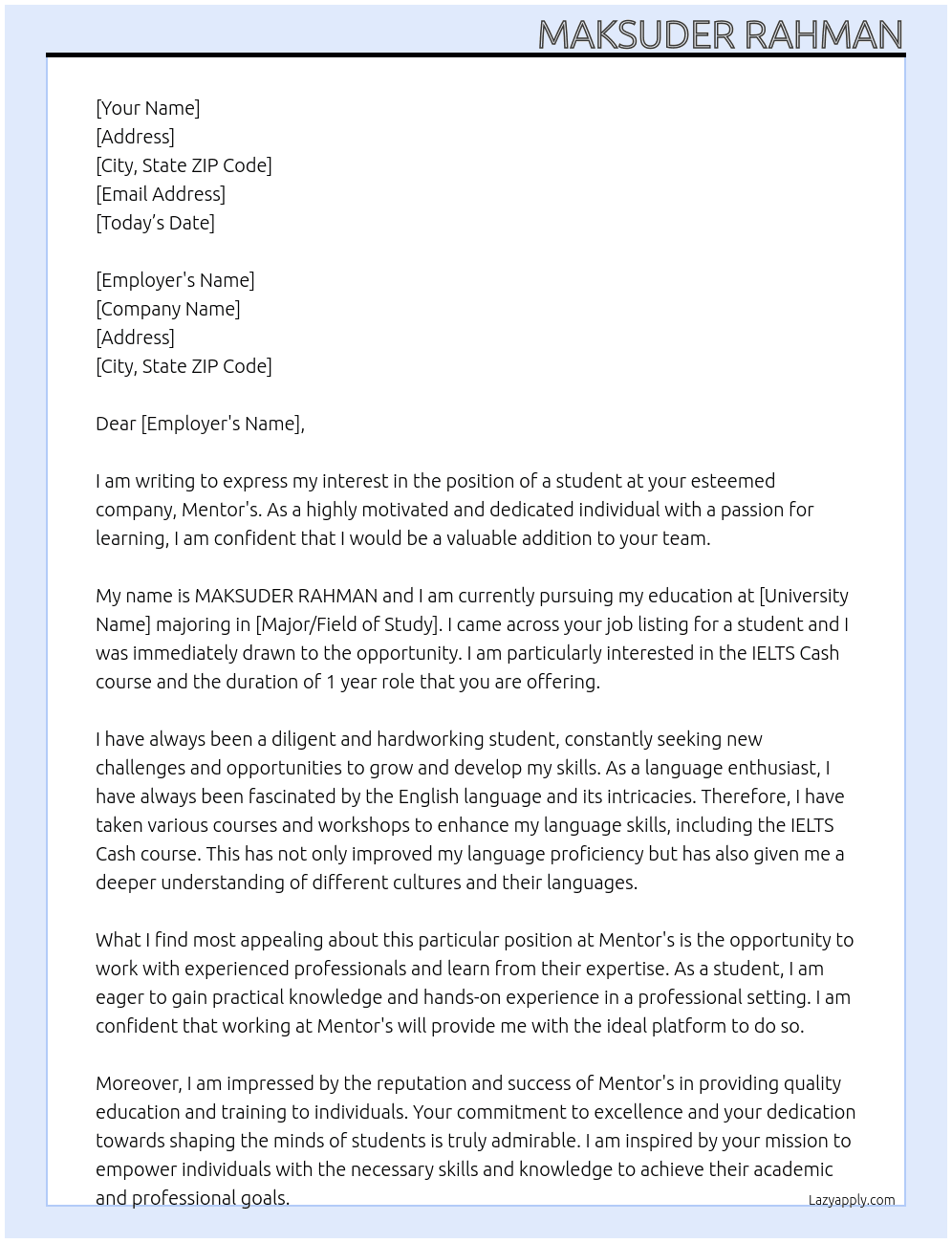 student At Mentor's Cover Letter