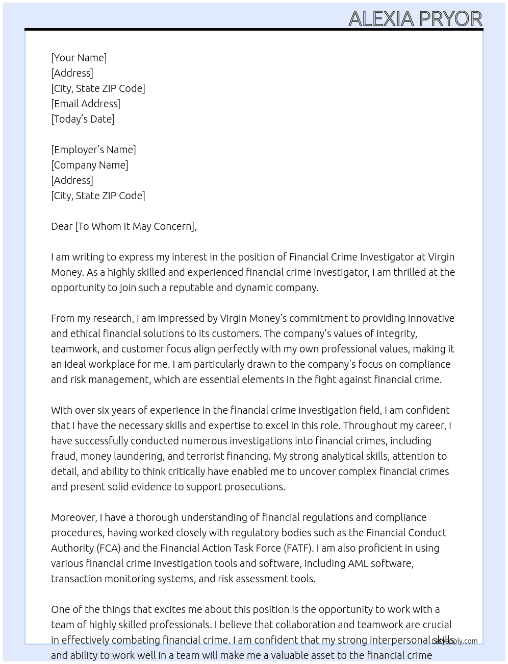 Cover letter for financial crime investigator - LazyApply
