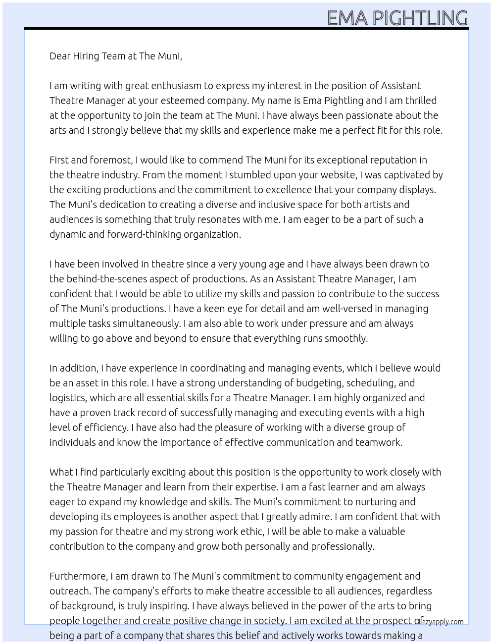 Assistant Theatre Manager At The Muni Cover Letter