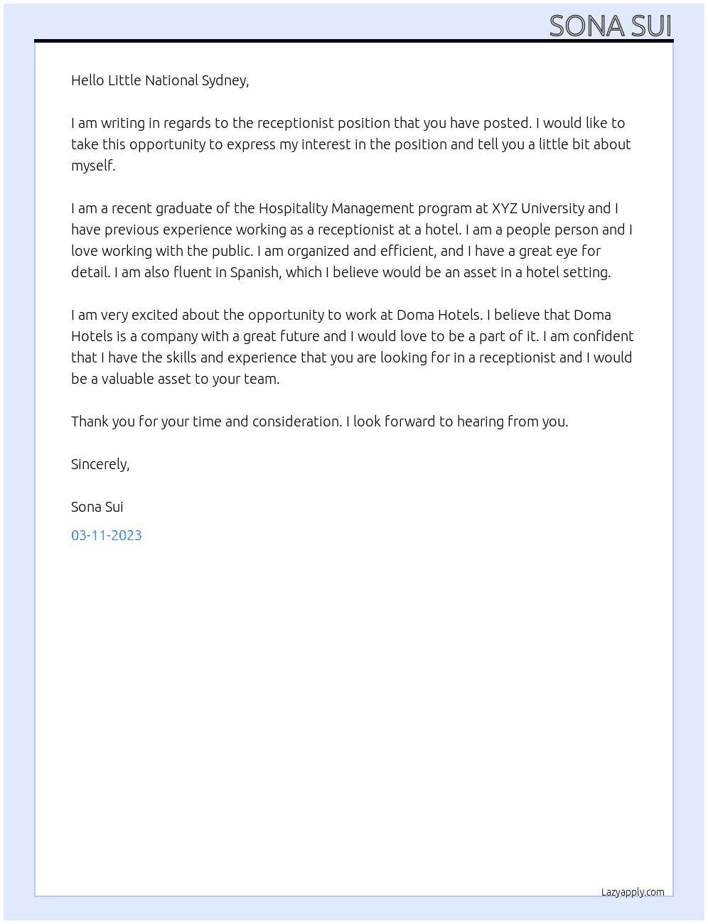 Receptionist At Doma Hotels Cover Letter