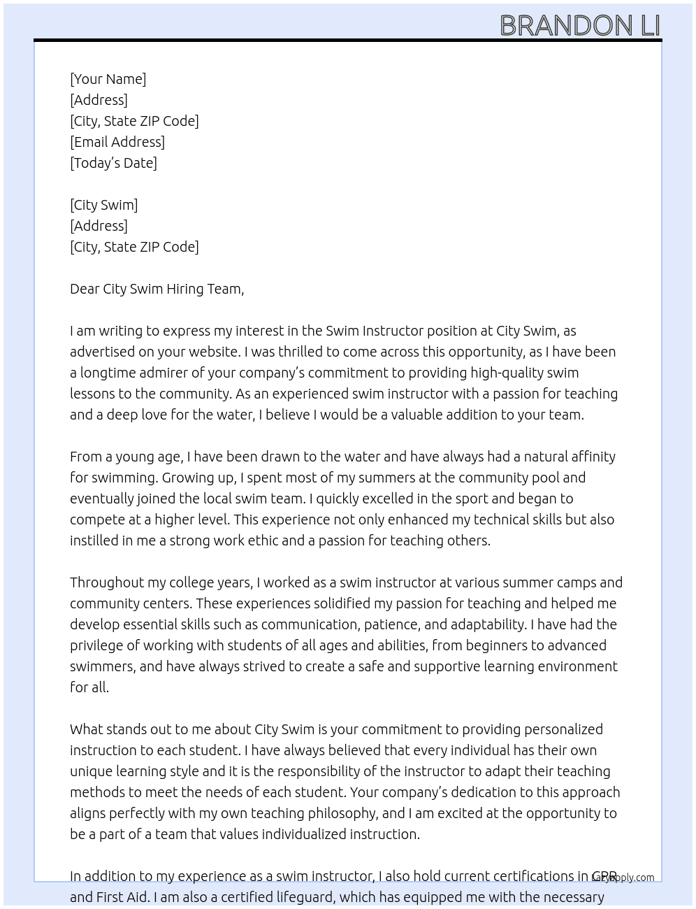 Swim Instructor At City Swim Cover Letter