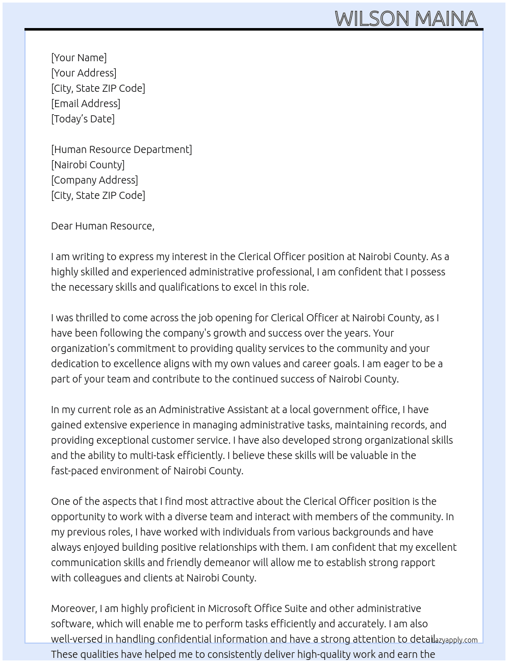 Clarical officer At Nairobi county  Cover Letter