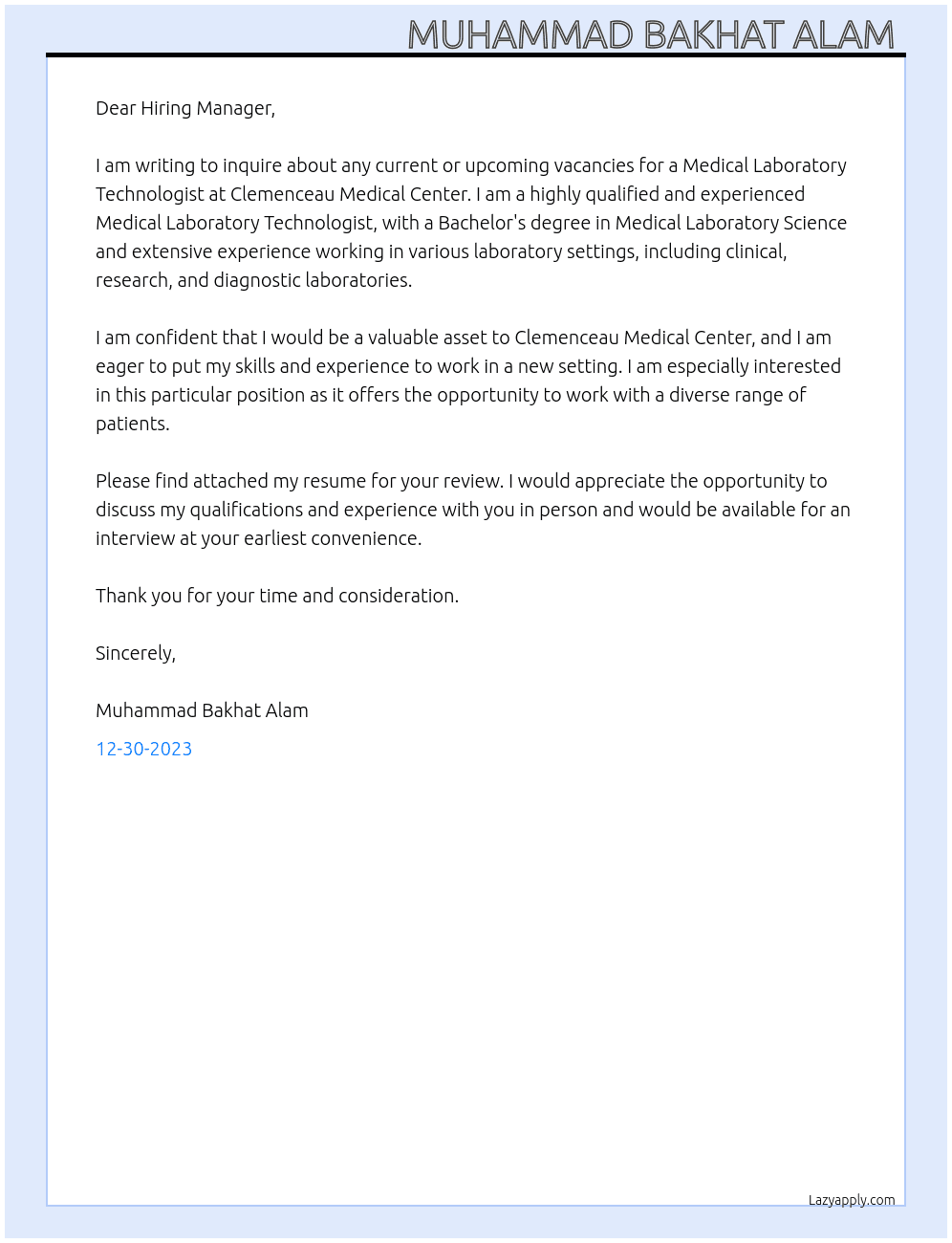 medical laboratory technologist  At Clemenceau Medical Center Cover Letter