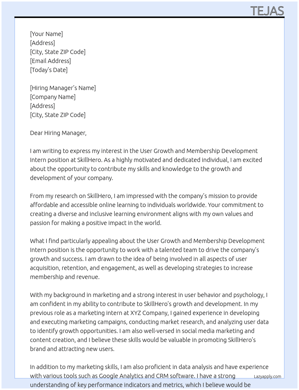 User Growth and Membership Development Intern At SkillHero Cover Letter