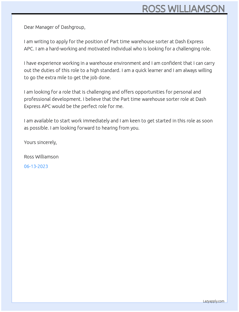 Part time warehouse sorter -dash express APC At The Dash group  Cover Letter
