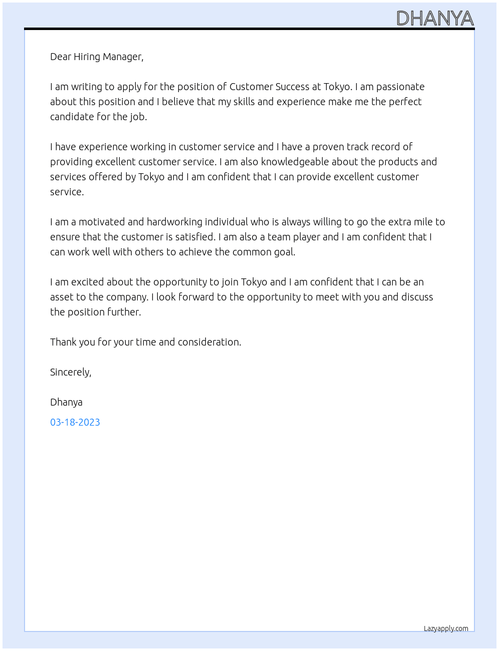Customer success At Tokyo Cover Letter