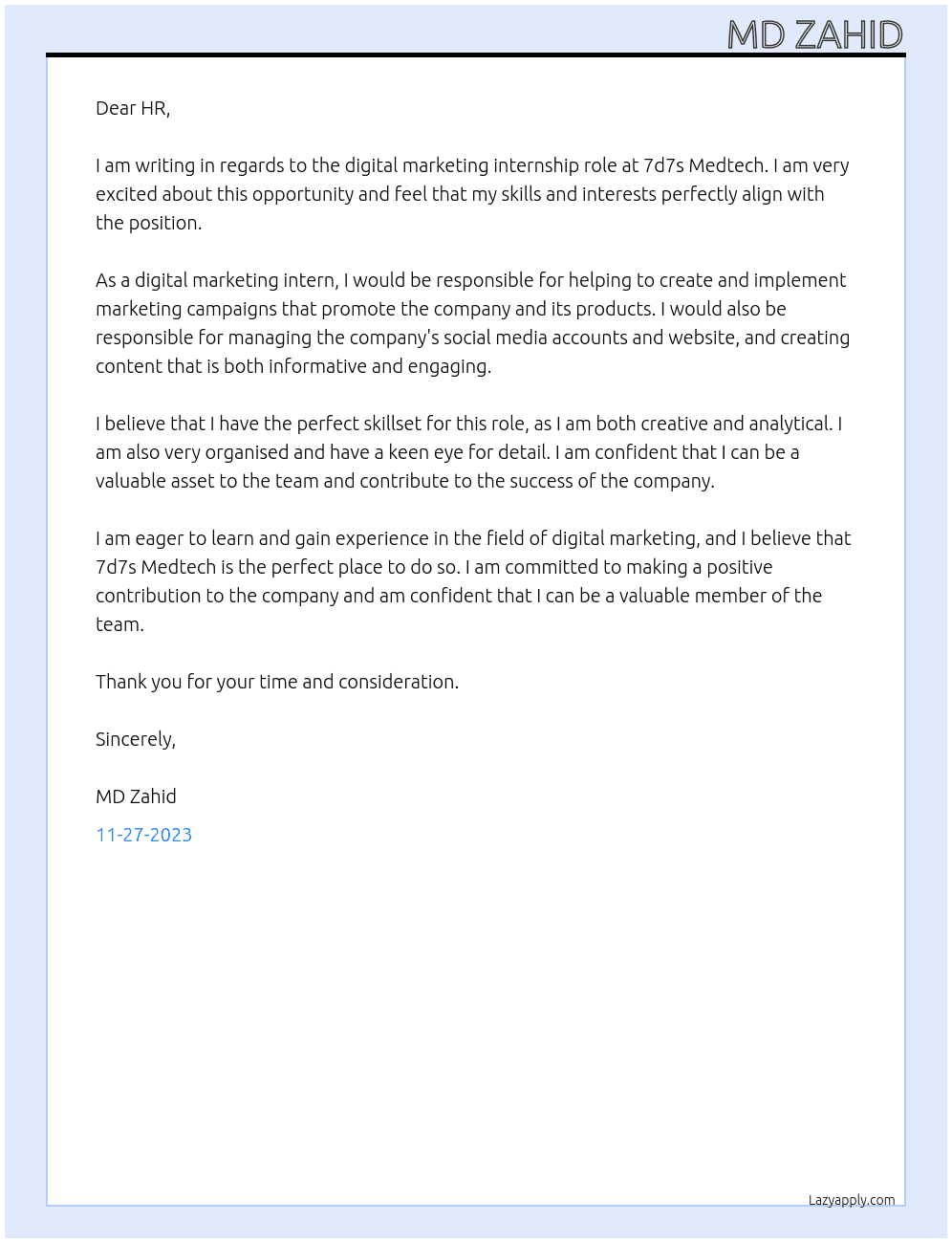 Digital Marketing At 7d7s Medtech Cover Letter