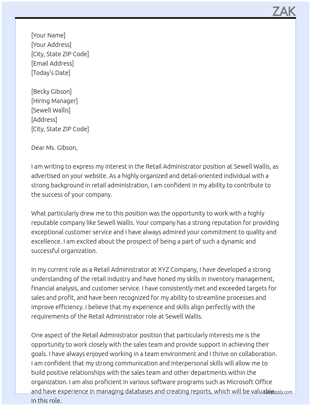 Retail Administrator At Sewell Wallis Cover Letter