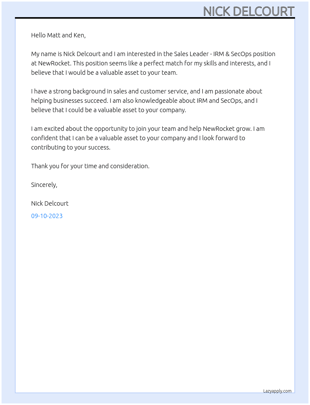 Sales Leader - IRM & SecOps At NewRocket Cover Letter