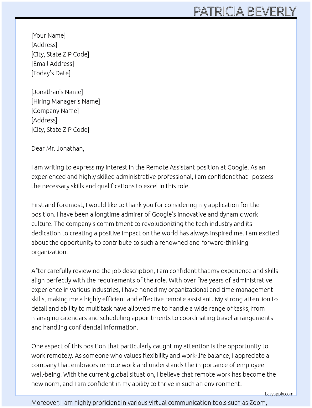 Remote Assistant At google Cover Letter