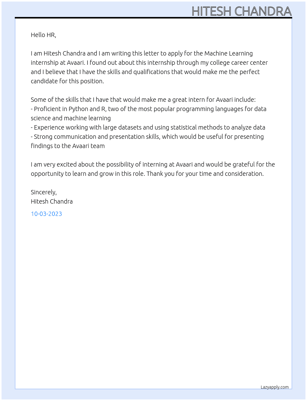 Machine Learning internship At Avaari Cover Letter