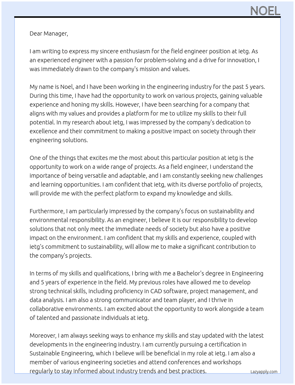 field engineer At ietg Cover Letter