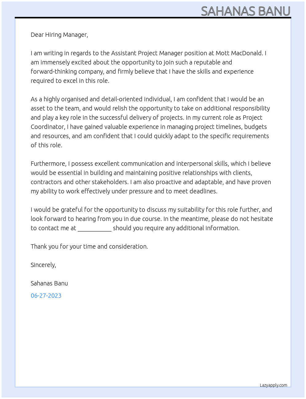 Assistant Project Manager  At Mott MacDonald  Cover Letter