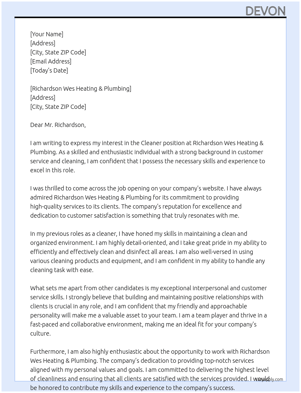 Cleaner At Richardson Wes Heating & Plumbing Cover Letter