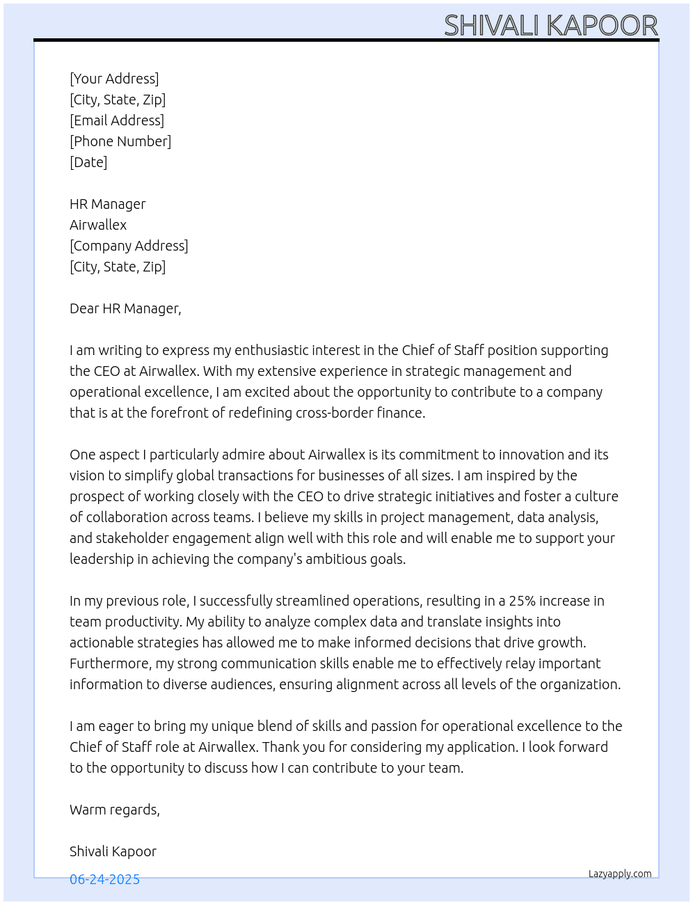 Chief of Staff, CEO At airwallex Cover Letter
