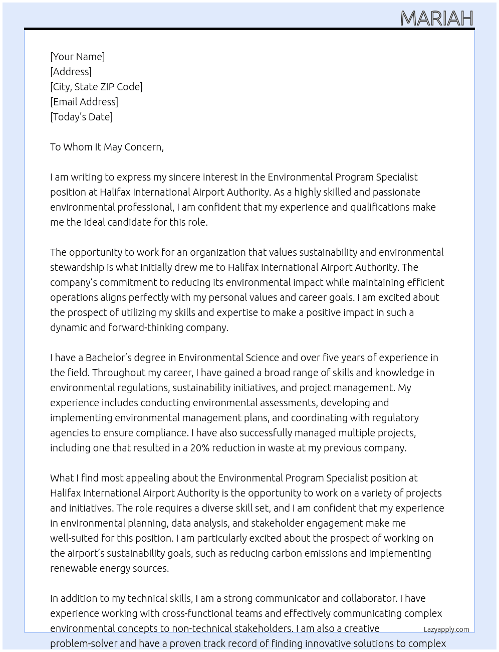 Environmental Program Specialist At Halifax International Airport Authority Cover Letter