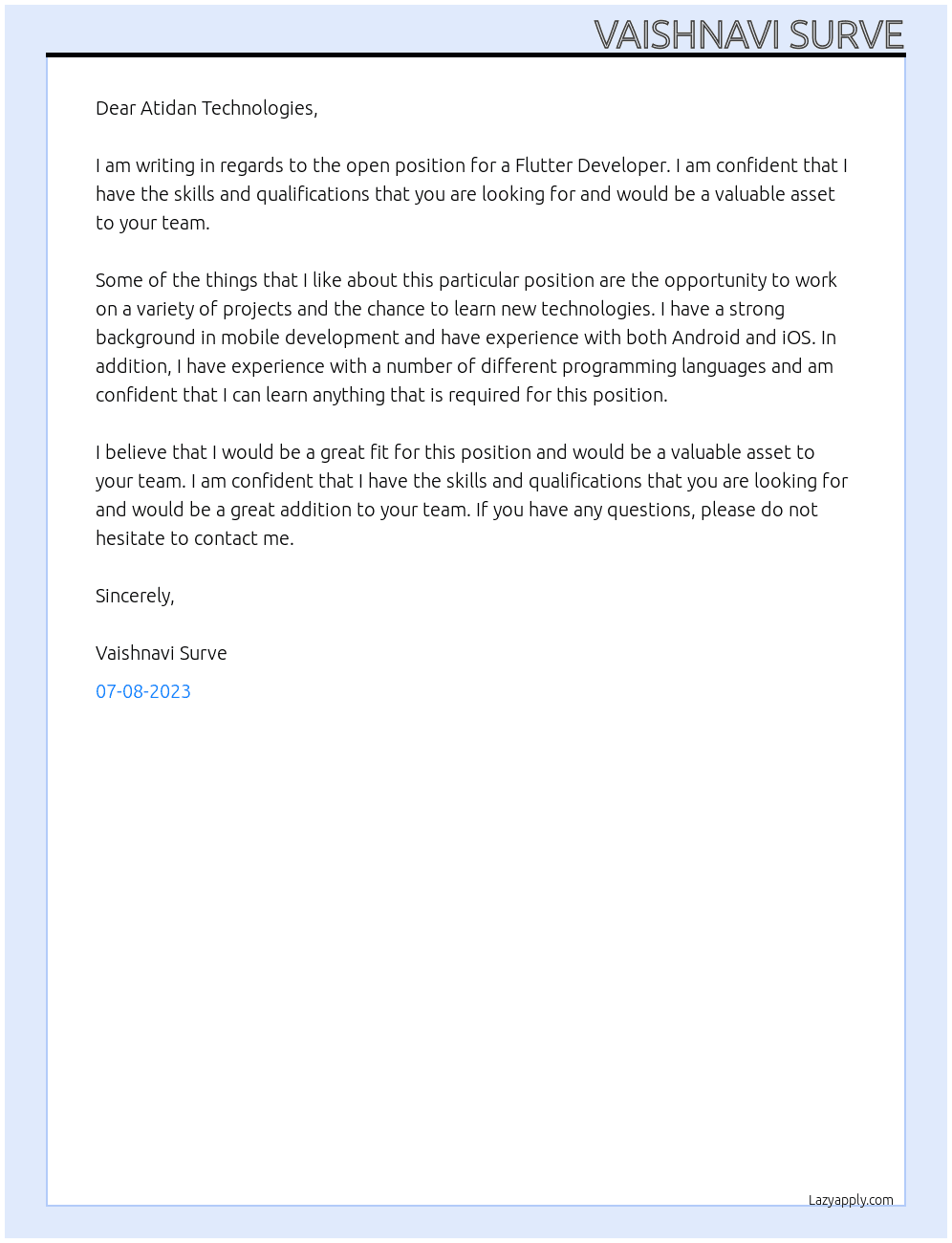 Flutter Developer At Atidan Cover Letter