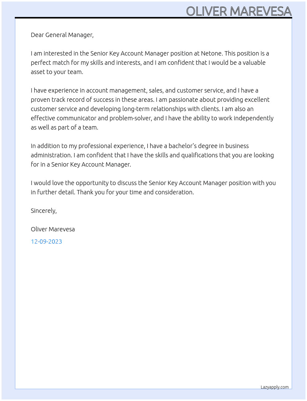 Senior Key Account Manager At Netone  Cover Letter