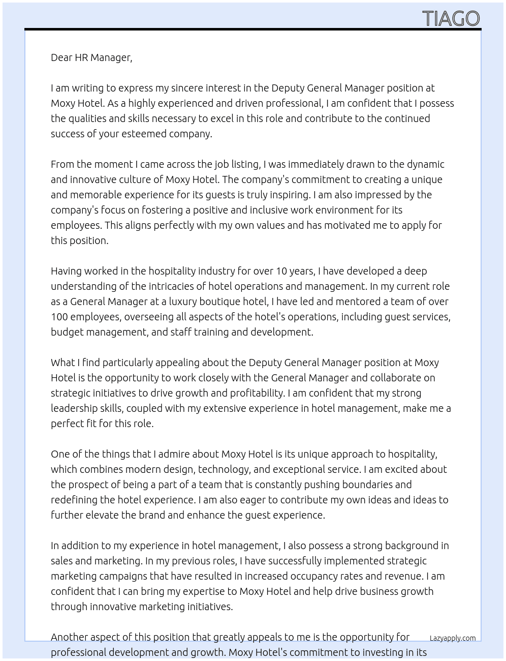 Deputy General Manager At Moxy Hotel Cover Letter