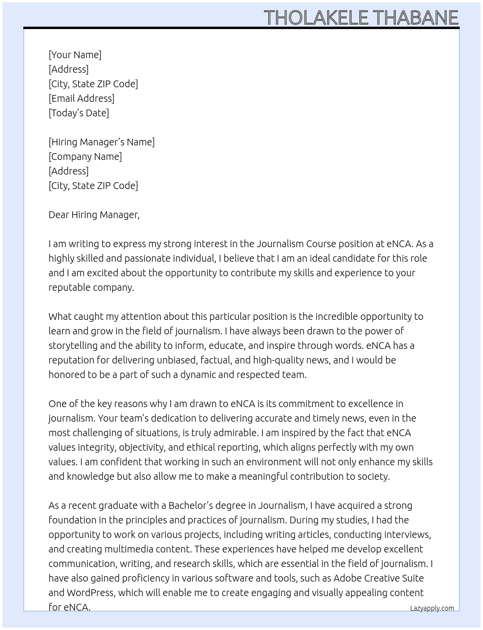 Journalism Course At eNCA Cover Letter