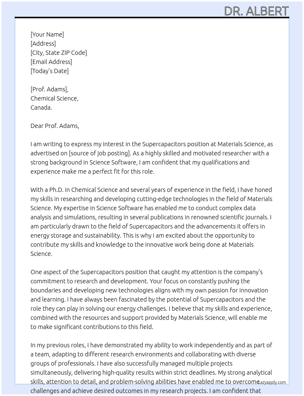 Supercapacitors At Materials Science Cover Letter