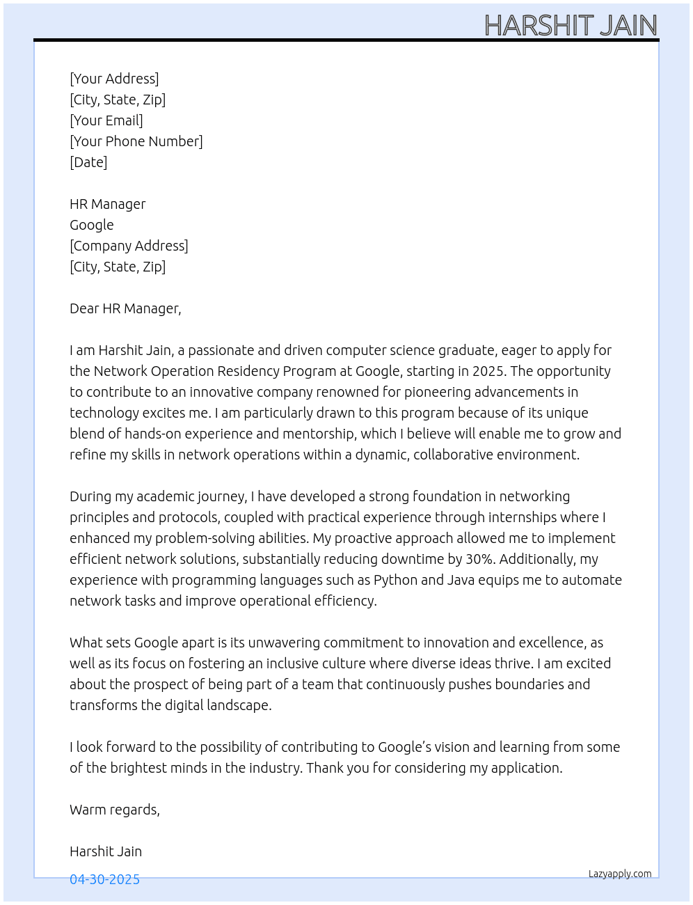 Cover letter for network  operation residency program, university graduate, 2025 start - LazyApply