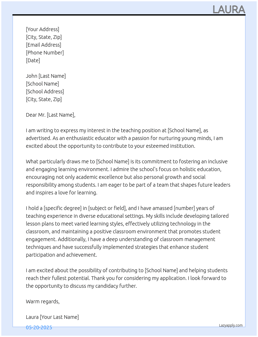 teacher At school Cover Letter