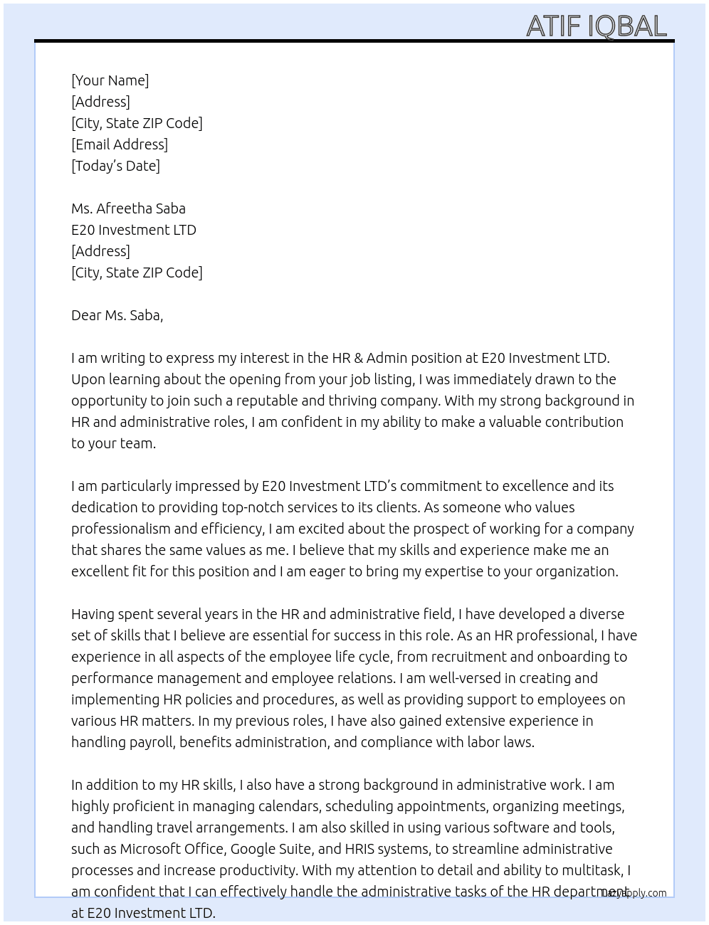 HR & Admin At E20 Investment LTD  Cover Letter