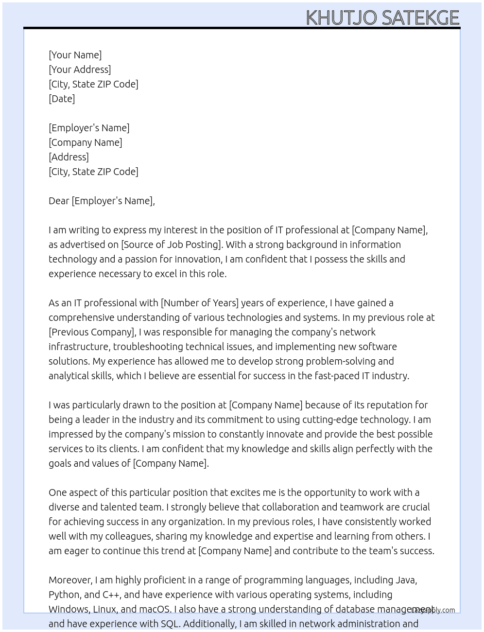 IT professional At imizizi Cover Letter