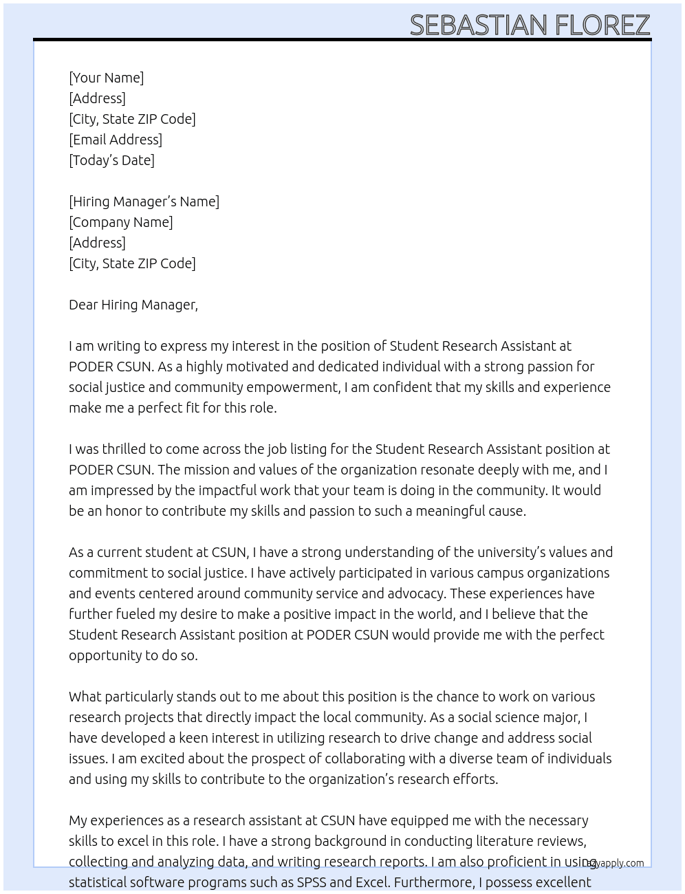 Student Research Assistant At PODER CSUN Cover Letter