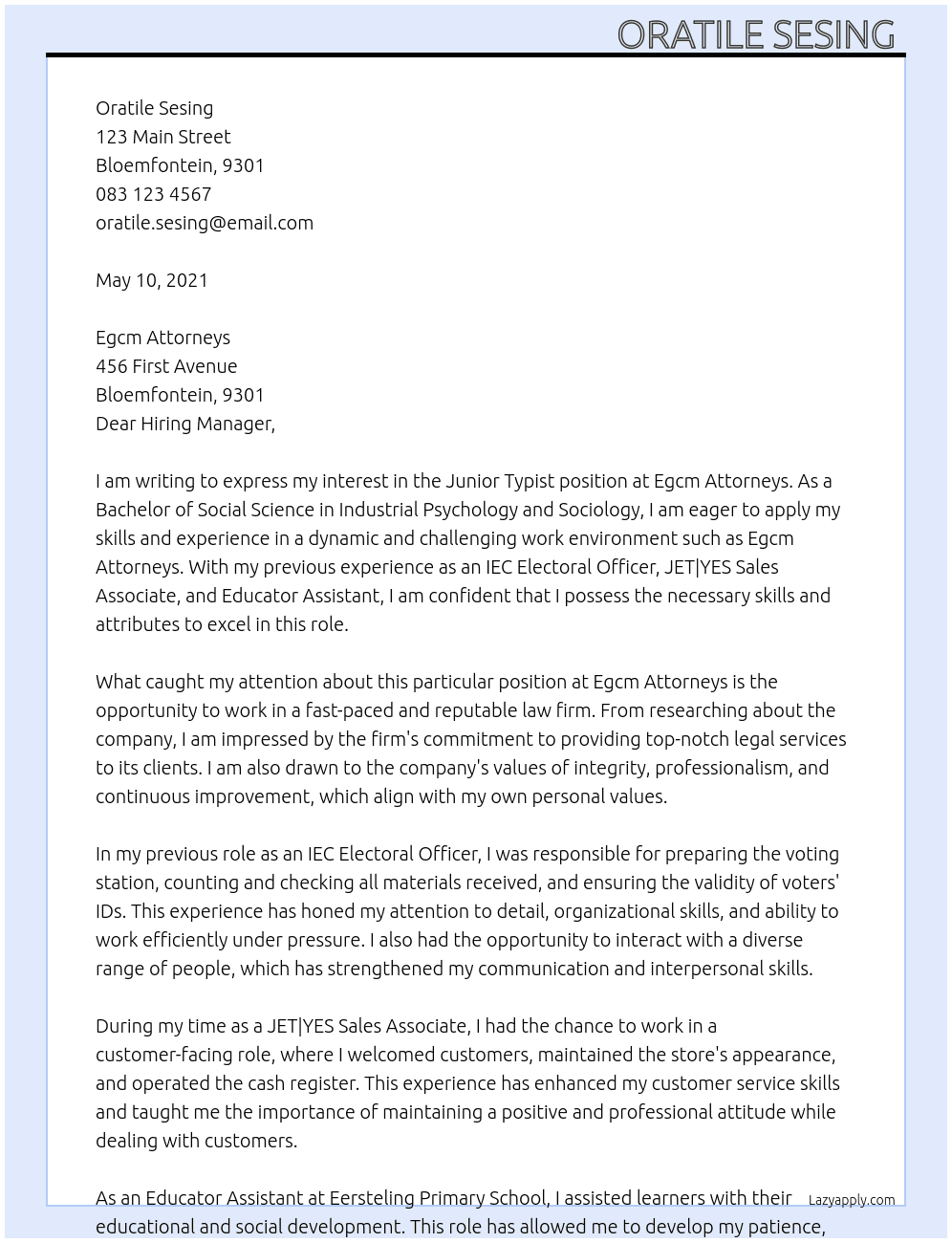 junior typist  At egcm attorneys  Cover Letter