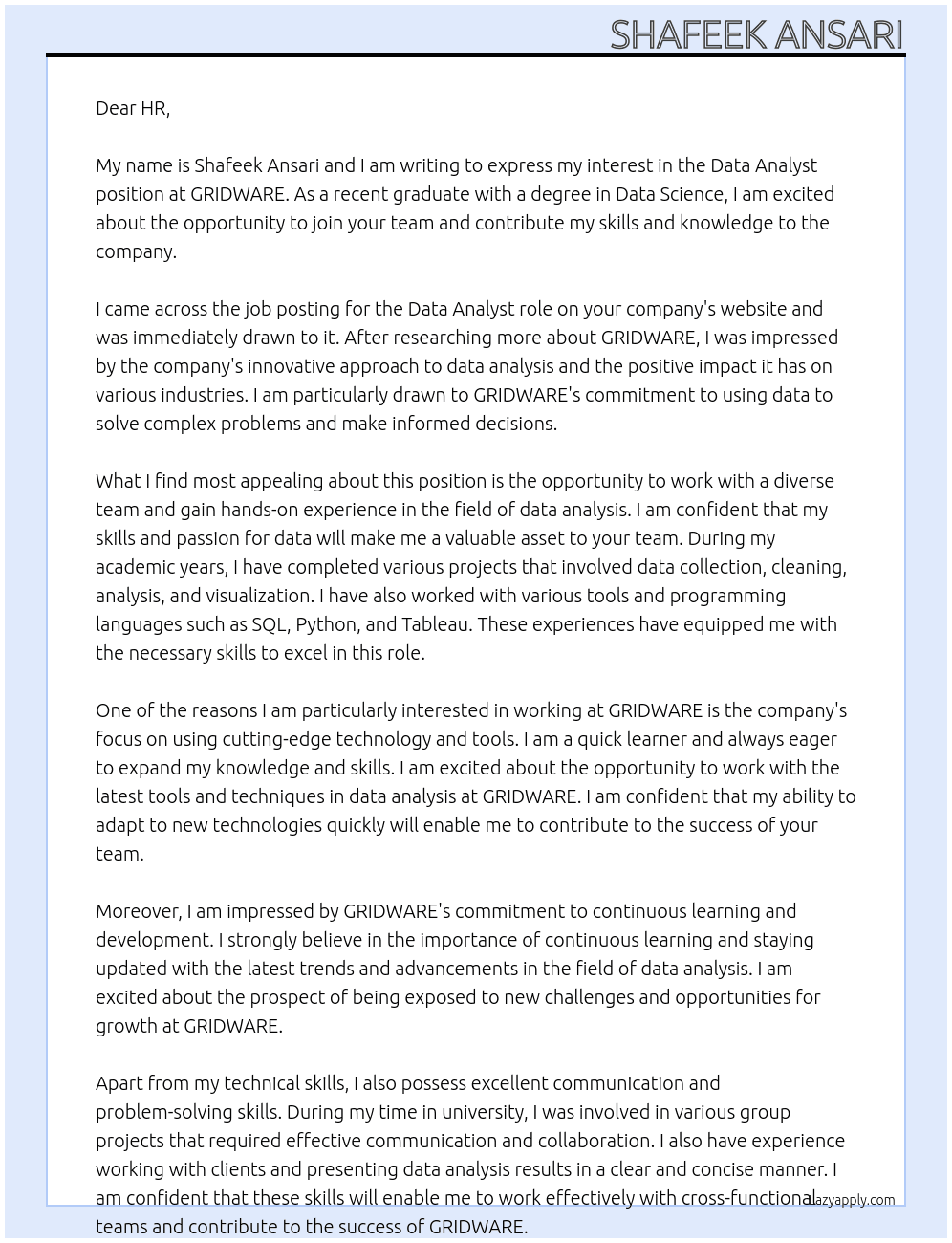DATA ANALYST[FRESHER] At GRIDWARE Cover Letter