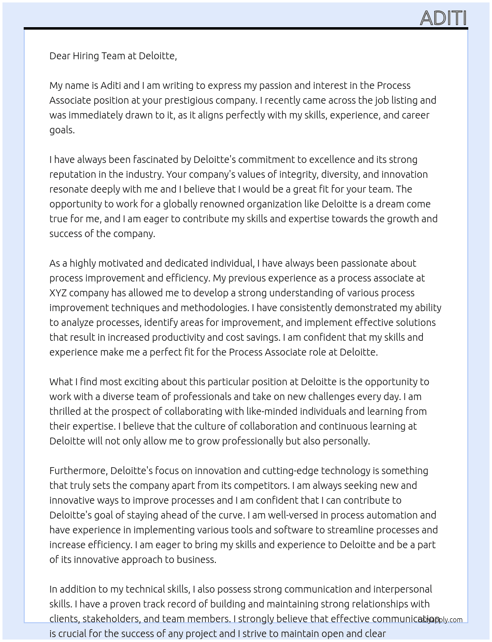 process associate At Deloitte Cover Letter