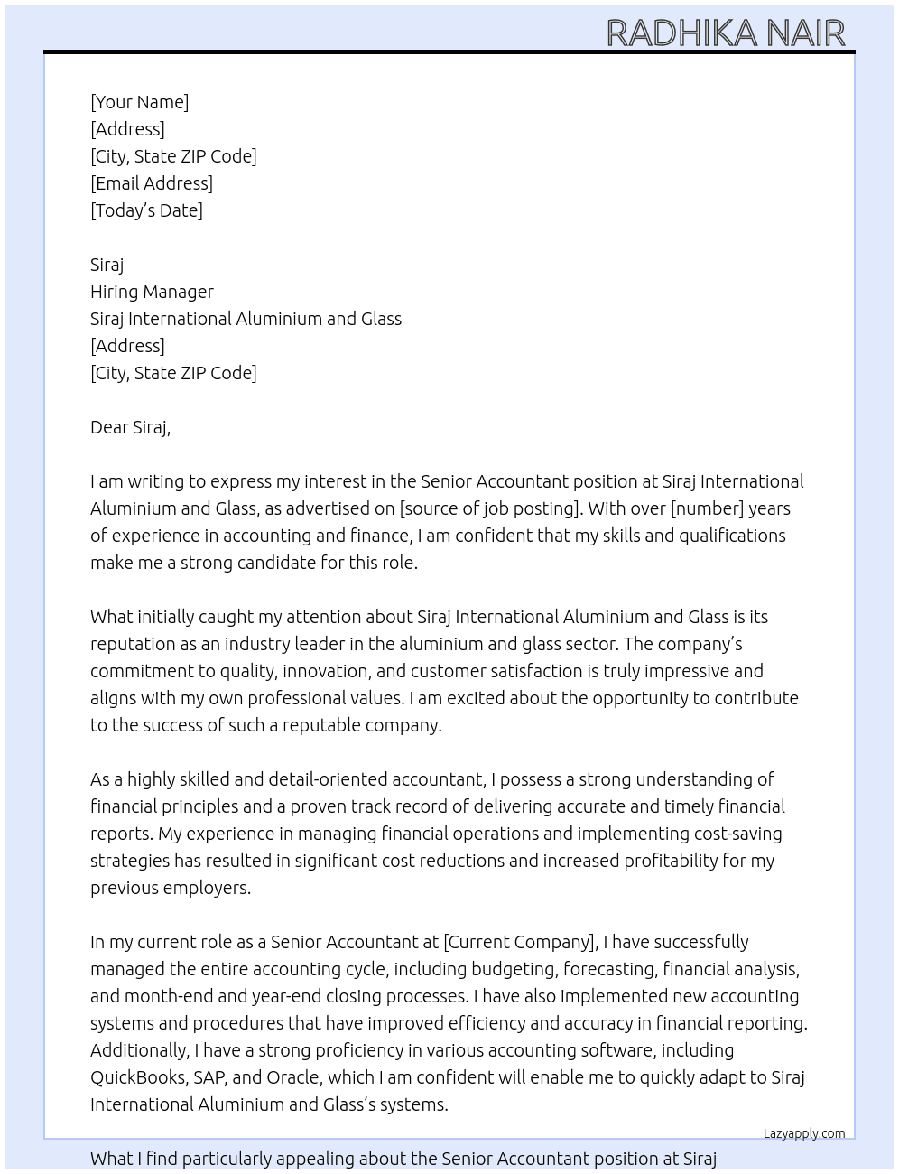 Senior Accountant  At Siraj International Aluminium and Glass Cover Letter