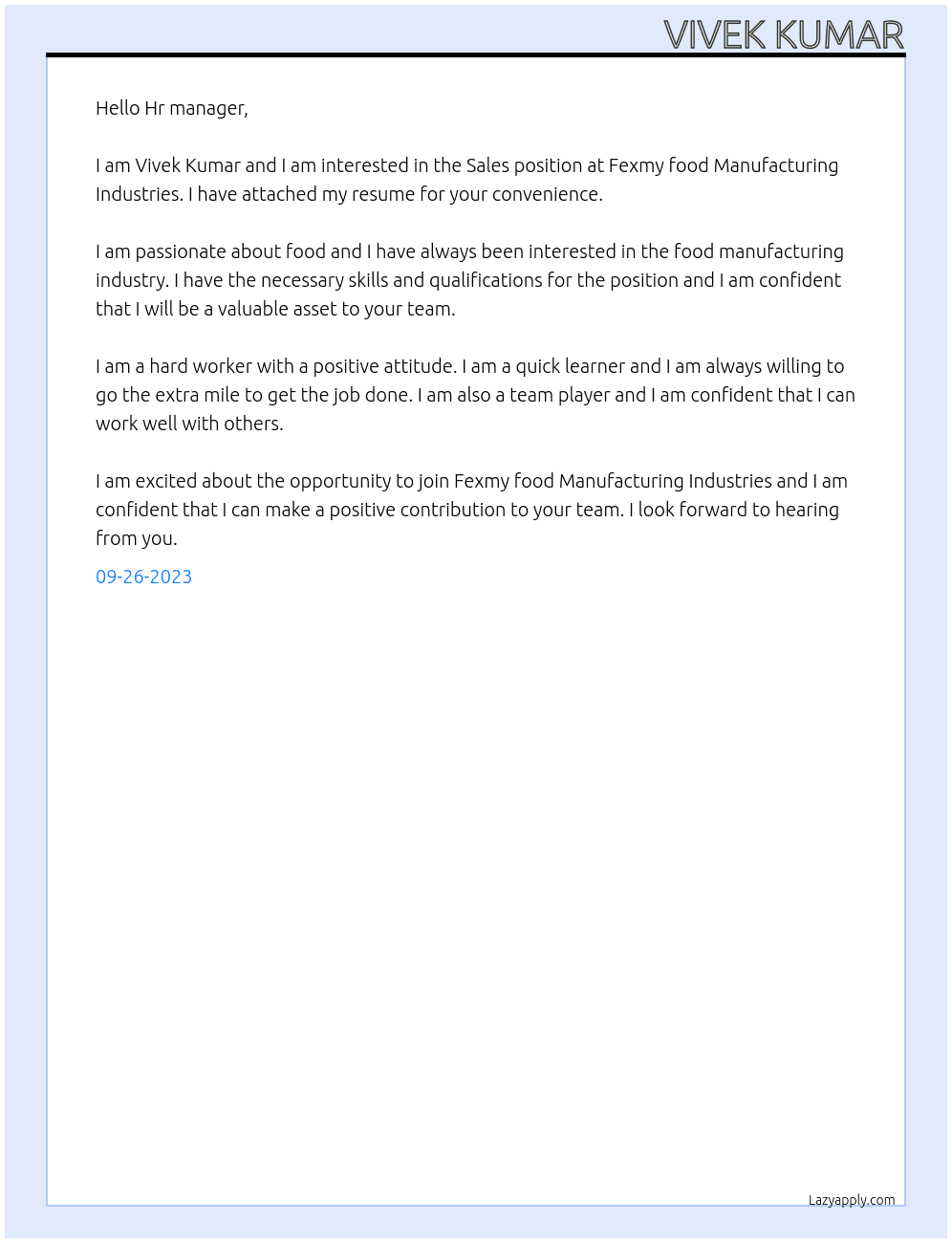 Sales At Fexmy food Manufacturing Industries Cover Letter